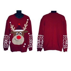 Christmas Sweater Plus Size 2XL Nordic Reindeer Pom Poms Fuzzy Rudolph Red Nose